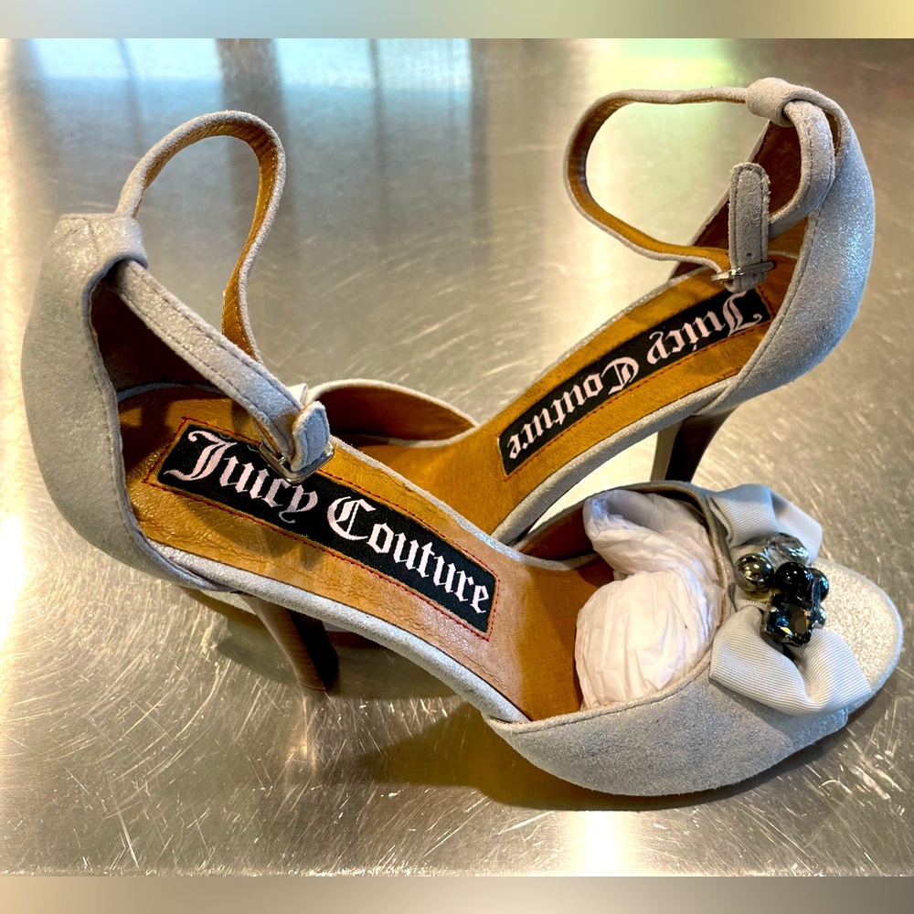 Juicy Couture gray with bow and jeweled detailed heels. Size 9